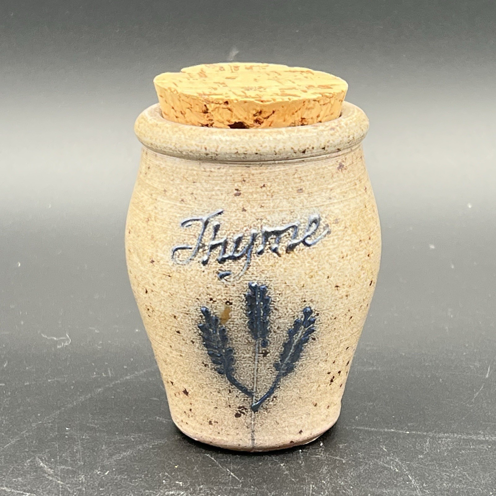 Vtg Rockdale Union Pottery Spice Jar Thyme Stoneware Blue Salt Glaze 1988