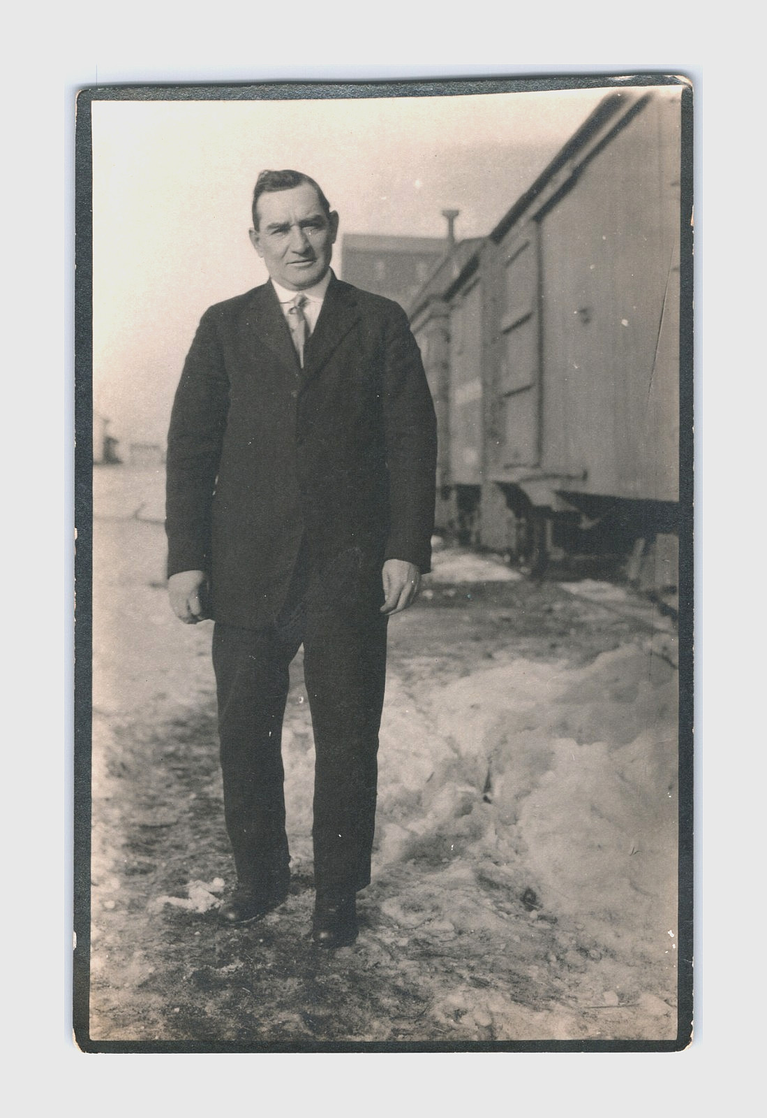 c.1911 RPPC Interesting Character Man Railcar Train Suit Tie Industry Occupation