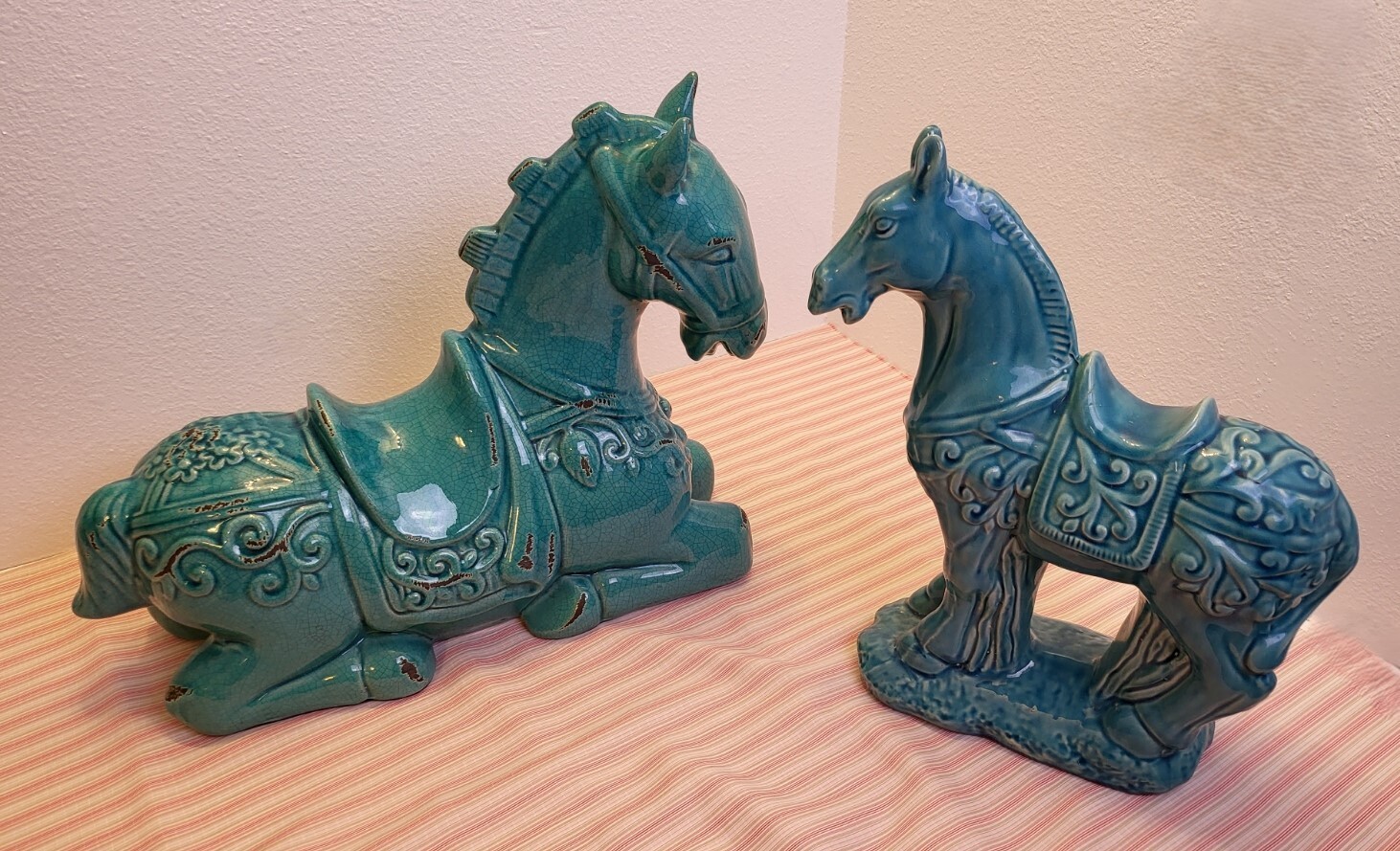 STUDIO ART POTTERY TURQUOISE SCROLLWORK LARGE PERCHERON HORSES 14 7/8\