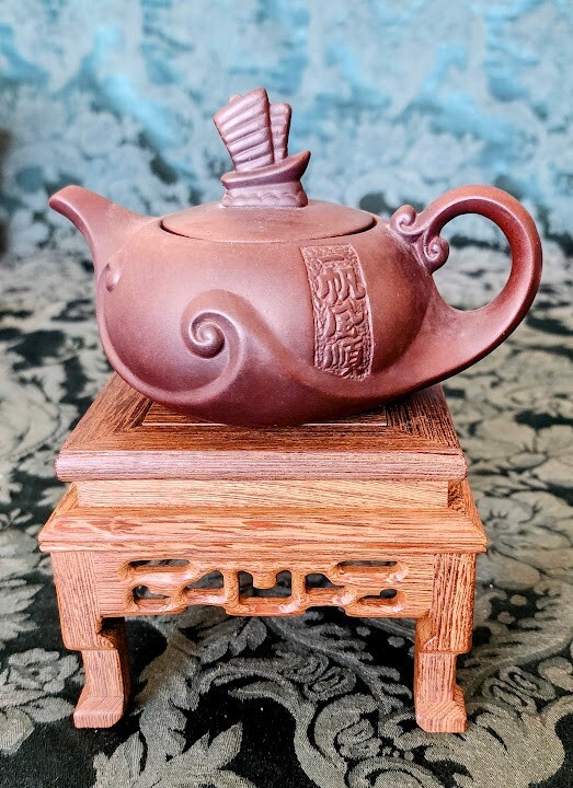 CHINESE Antique Dark Brown Clay Handmade Teapot & Stand, Excellent Older Piece