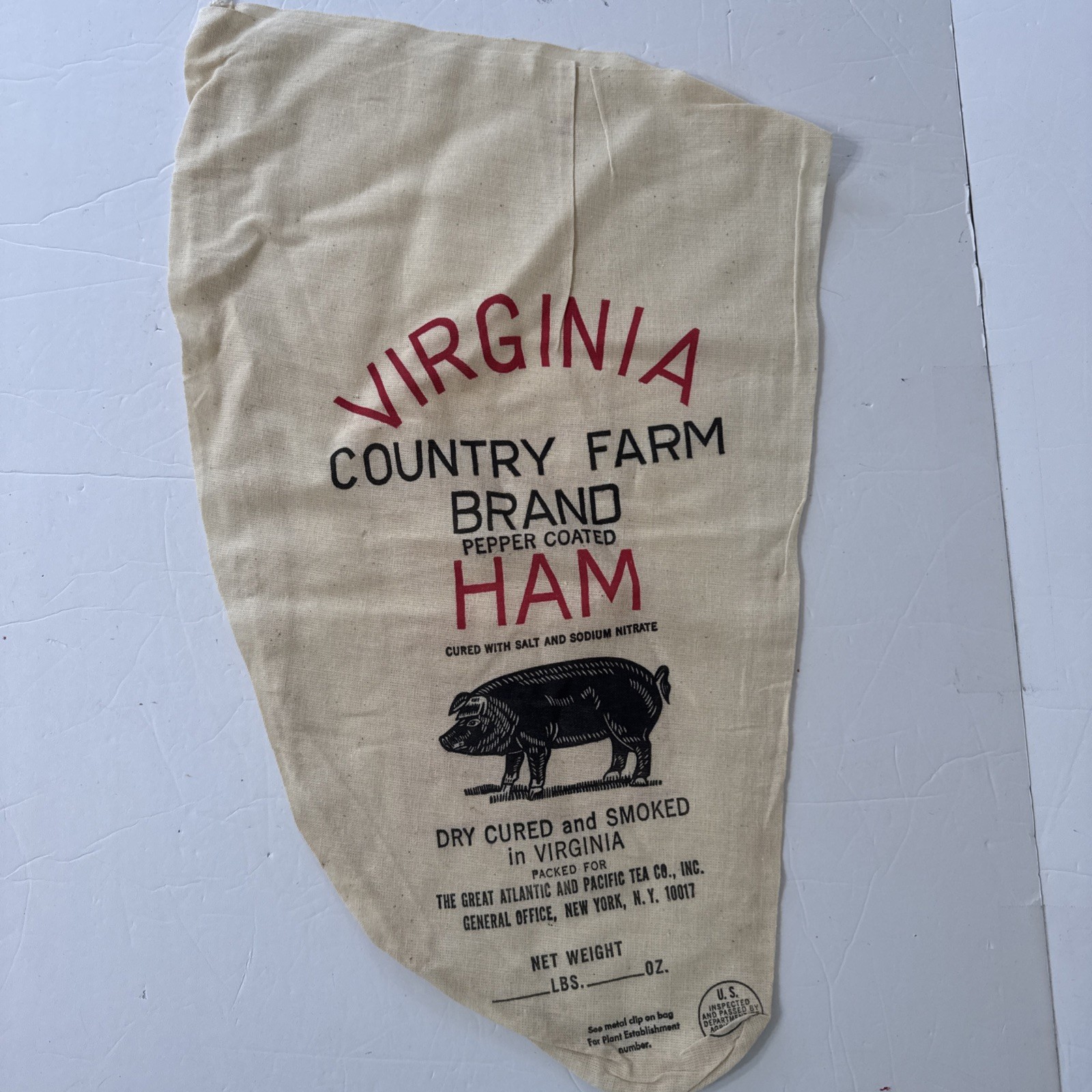 Vintage Virginia Country Ham Muslin Sack Atlantic And Pacific Tea Co Unused NOS