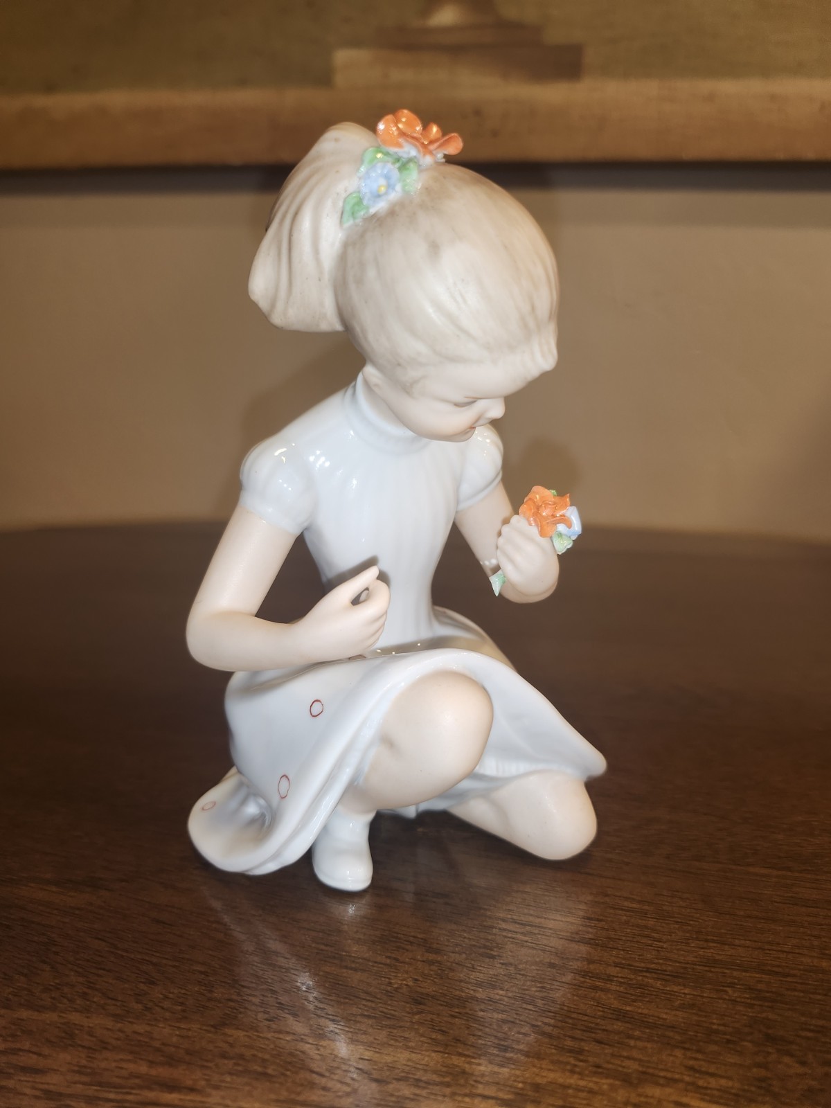 Rare Vintage Wallendorf Girl with Polka Dress and Flowers Figurine 1960s