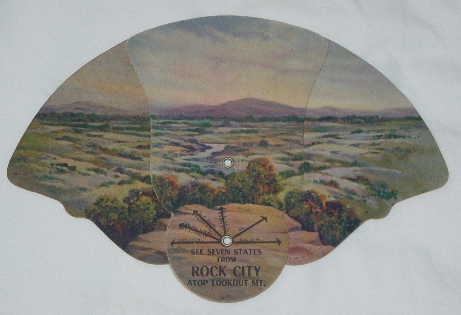 AWESOME RARE ANTIQUE ROCK CITY GARDENS ATOP LOOKOUT MOUNTAIN SOUVENIR FAN+BONUS