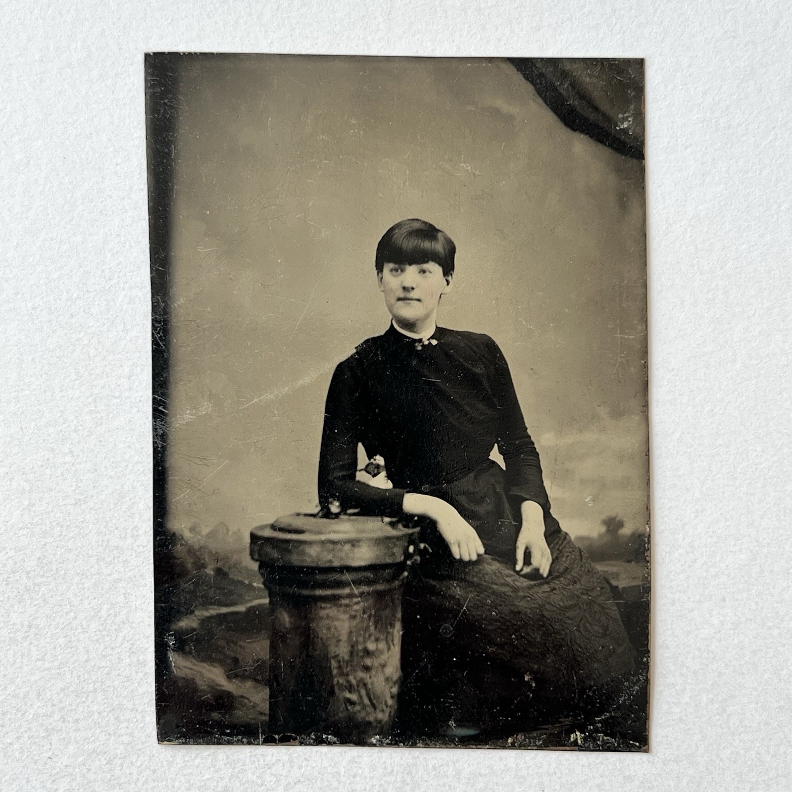 Antique Tintype Photograph Beautiful Modest Young Woman Short Hair