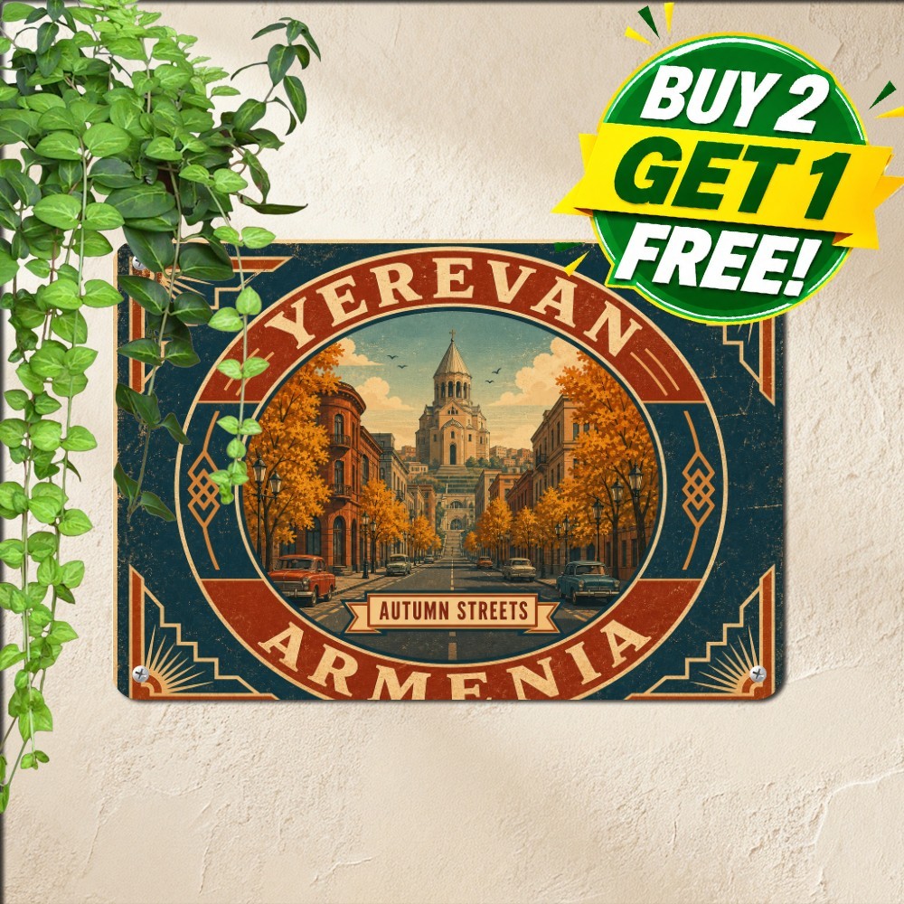 Historic Urban Streetscape Artwork Sign Vintage Scenic European Metal Plaque