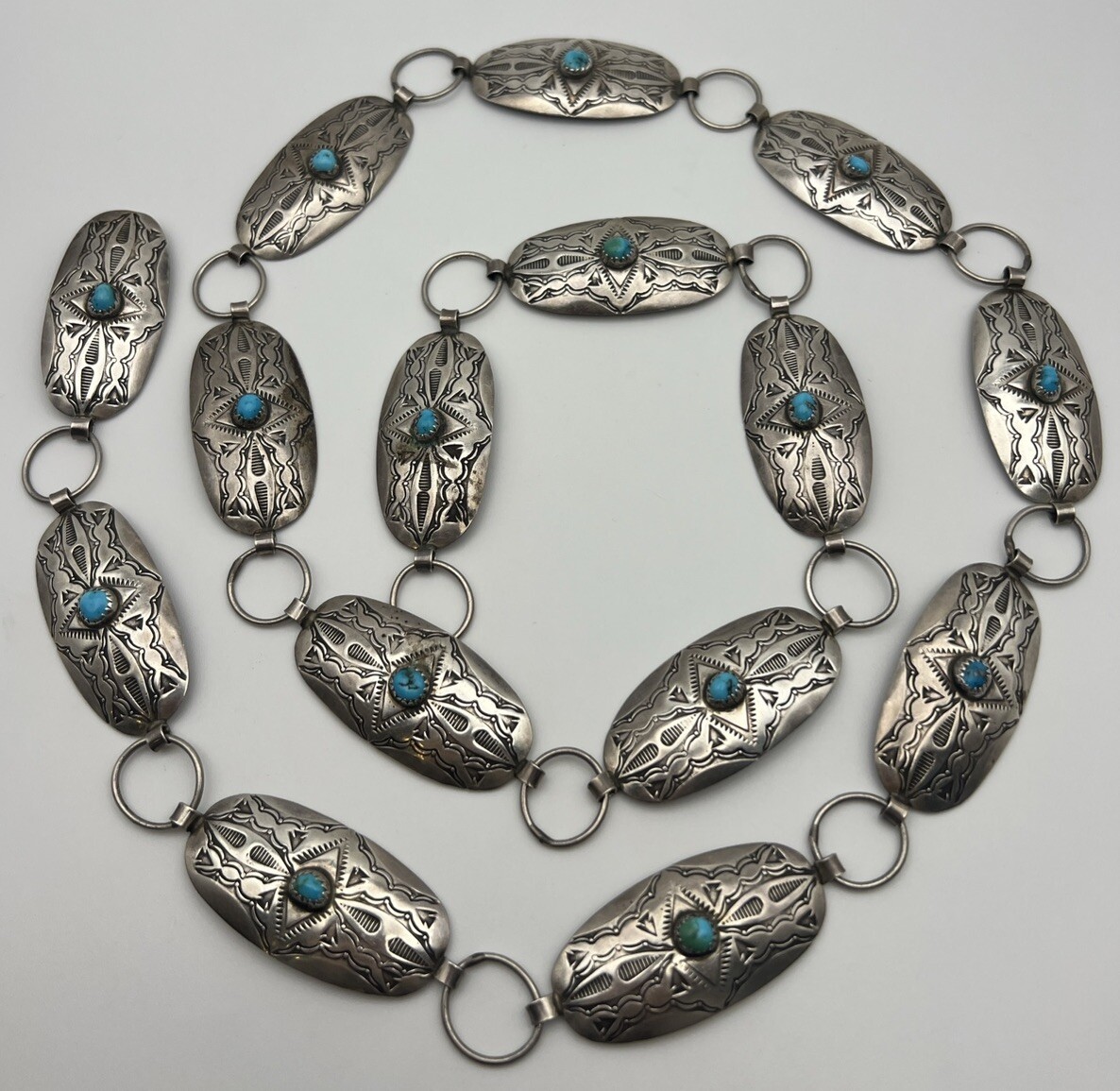Vintage Navajo Turquoise Sterling Silver Belt 84G / 38in