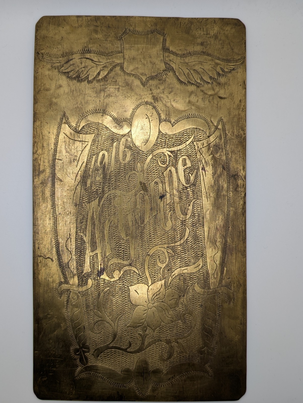 WWI 1916 Argonne Trench Art Shell Brass Plaque Hand Engrave Battlefield Souvenir