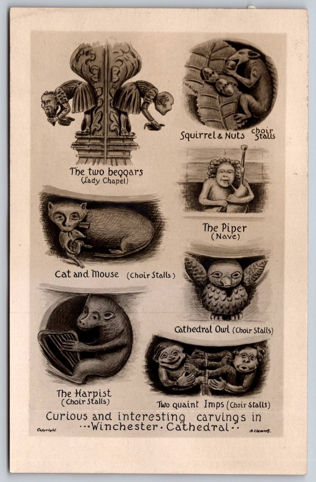 Winchester Cathedral Curious Carvings Postcard A. Clemmig UK Medieval Art D266