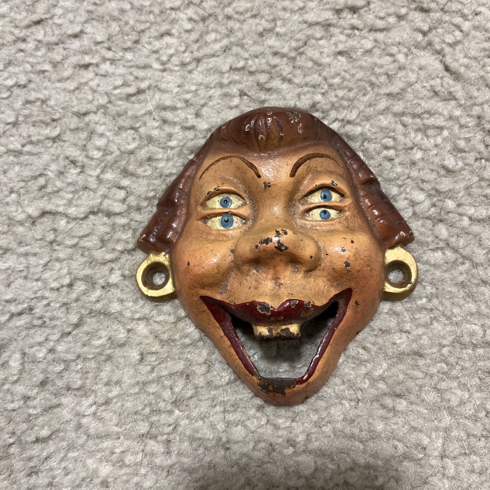 WILTON Vtg. Cast Iron 4 Eyed Red Hair Woman Buck Teeth Bottle Opener Wall Mount