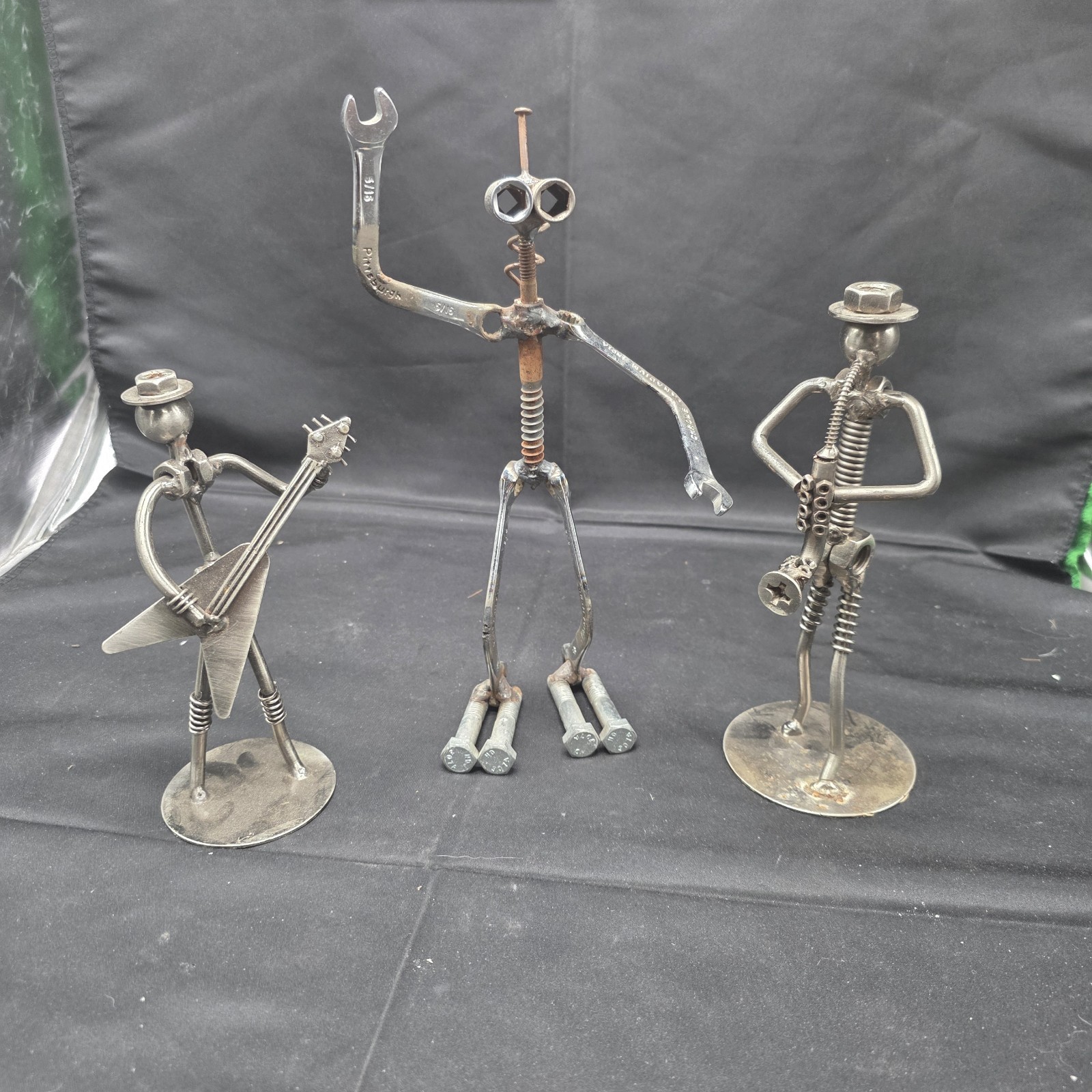 Handmade Welded Metal Scrap Art Musician Sculptures Set of 3 Guitar Saxophone