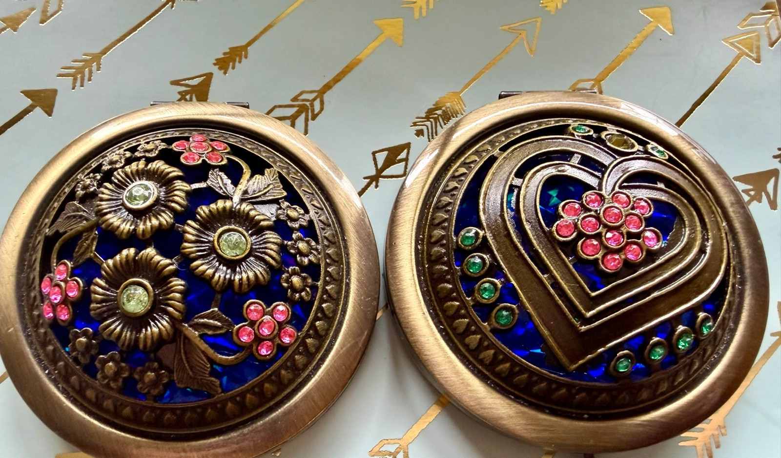 2 Vtg. Brass Fancy Women's Jeweled Designed COMPACTS,  Handheld w Double Mirror