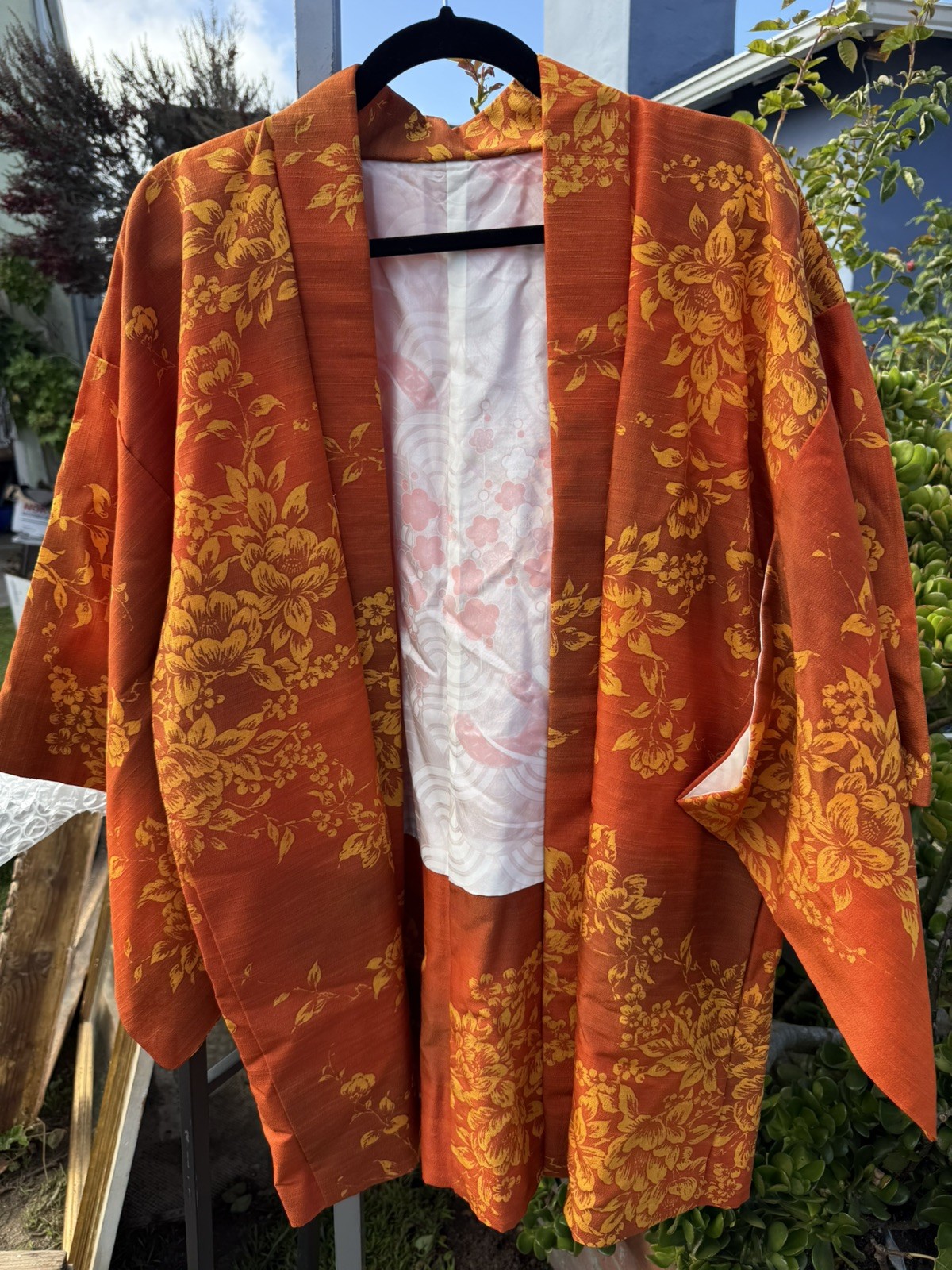 Vintage Japanese Haori Kimono Jacket Burnt Orange Floral Brocade Mid Century⁠