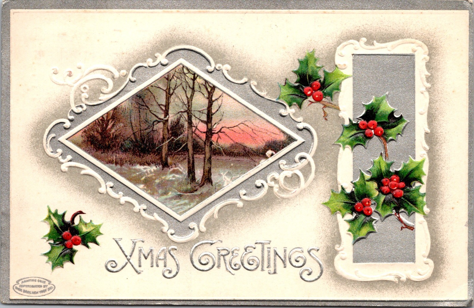 Xmas Christmas Greetings  Postcard Holly Embossed Posted 1911
