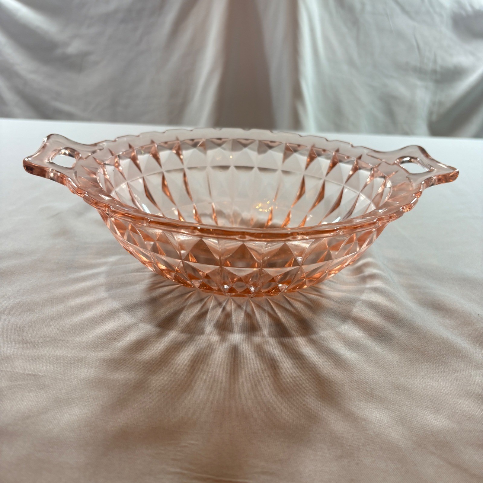 Vintage Pink Depression Glass Diamond Point Serving Bowl with Handles 10.5in