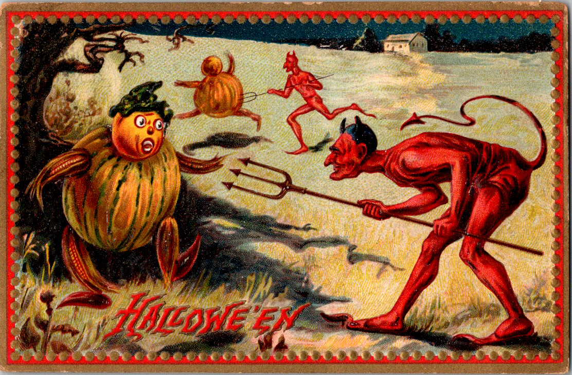 Antique Halloween Postcard Pumpkin People Devils  Pitch Forks Tuck's Mailed 1909