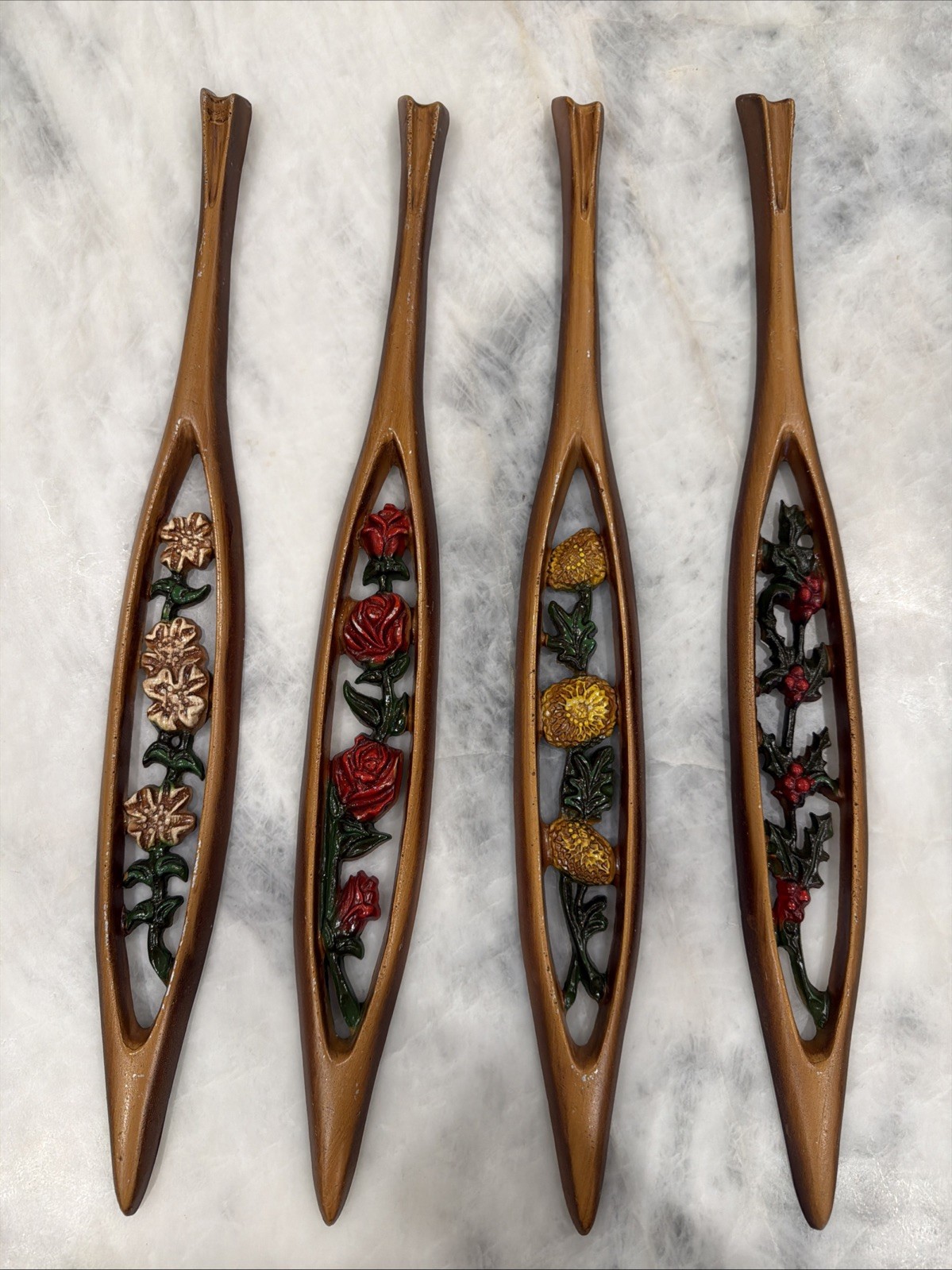Vtg Sexton USA Four Seasons Floral Metal Wall Art Set MCM Rose Holly Dogwood 20\