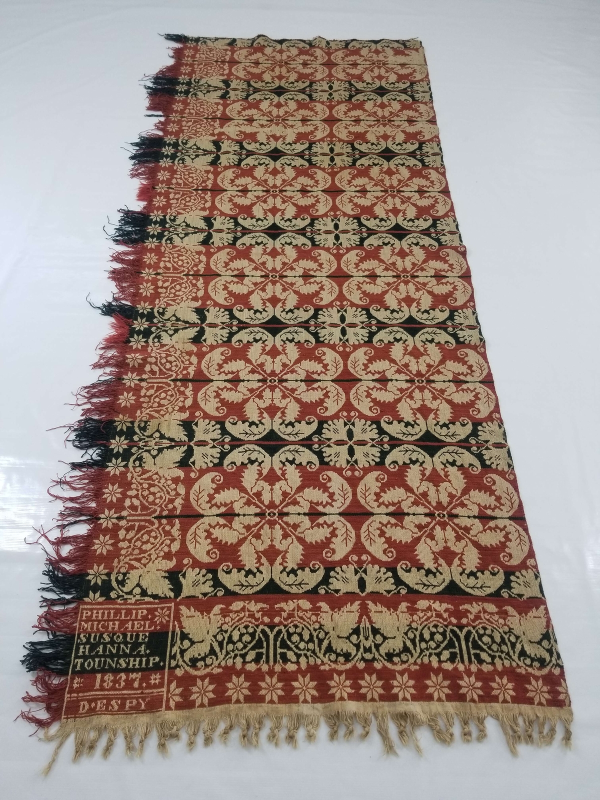 Antique American AD 1837 Reversible Jacquard Loomed Coverlet Fragment 242x95cms