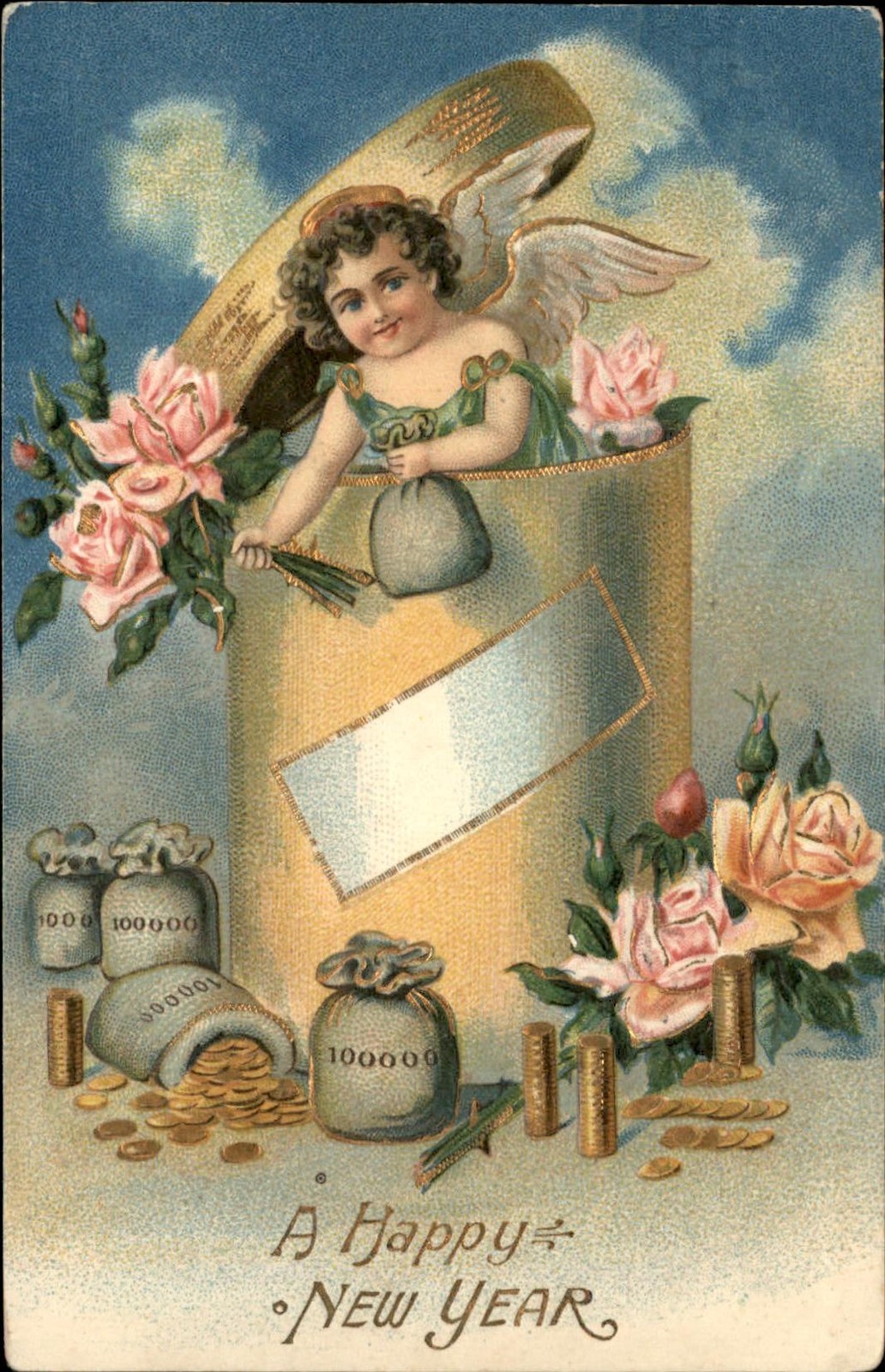 New Year\'s Angel with Money Bags Fantasy Embossed c1900s-10s Vintage Postcard