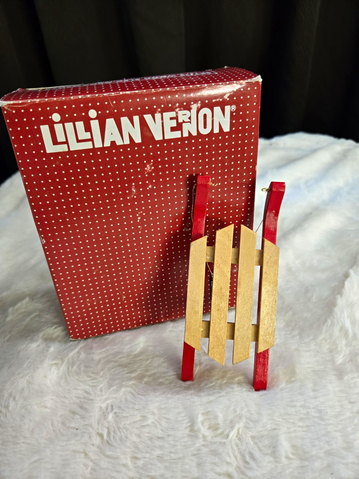 NOS VINTAGE Lillian Vernon Wood Sled Christmas Ornaments 12ct Hanging LV9847
