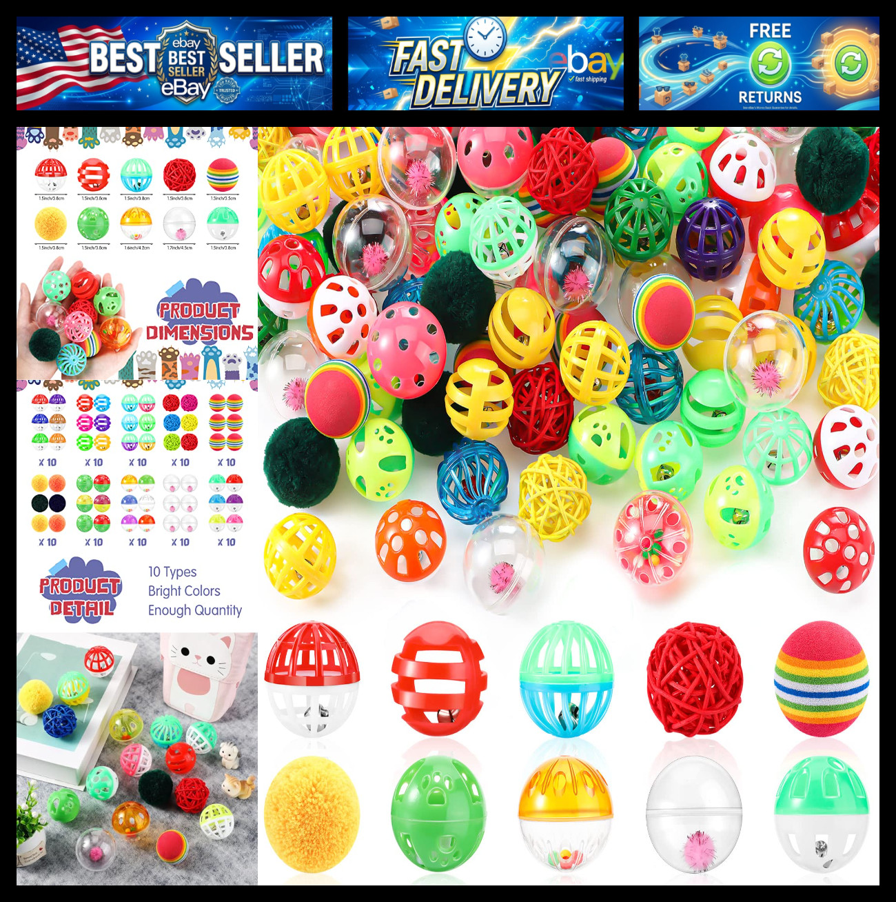 Hungdao 100 Pcs Cat Toys Bulk Plastic Small Crinkle Ball Assorted Cat Balls with