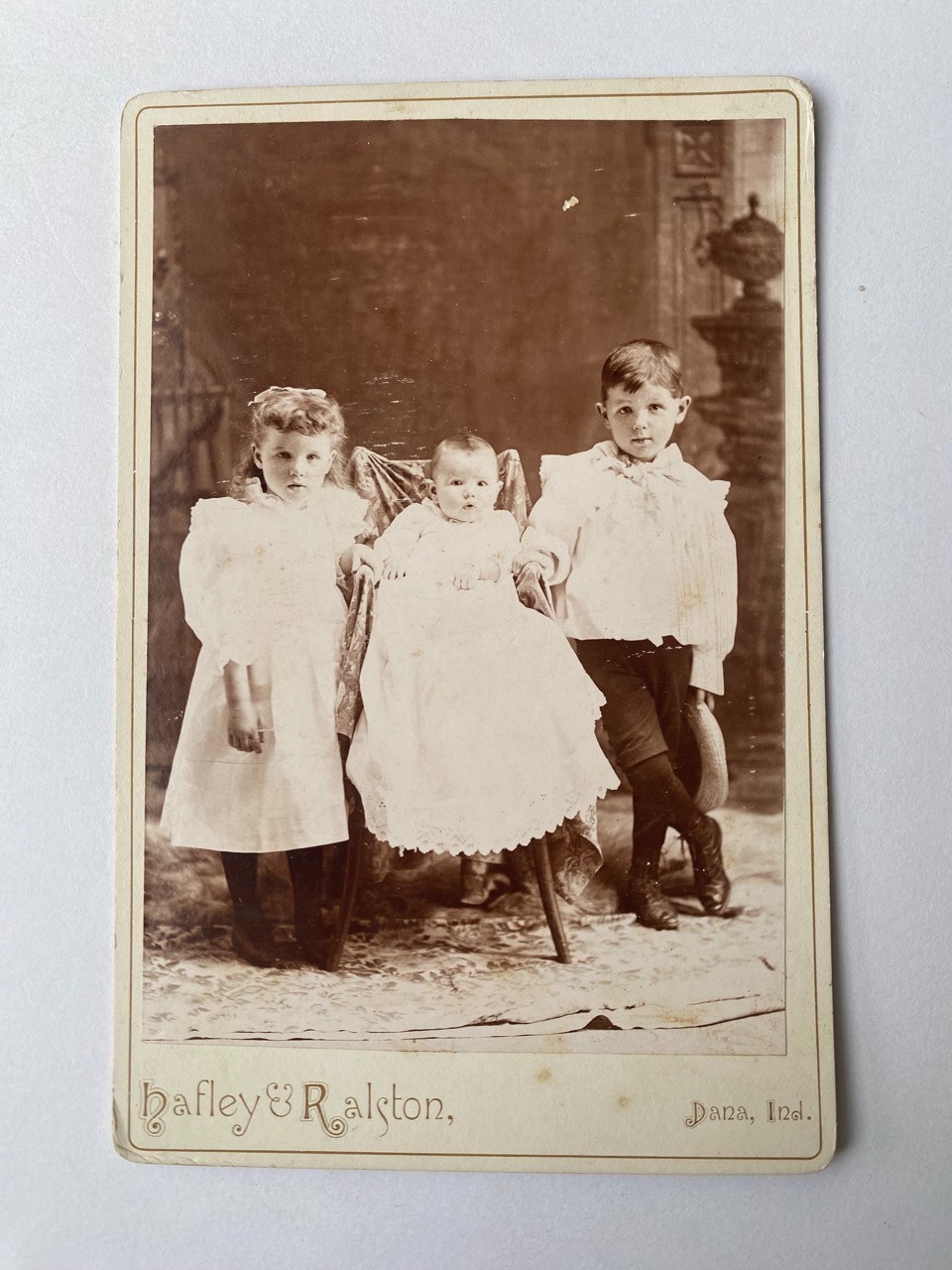 Antique Cabinet Photo Three Children Portrait Hafley & Ralston Dana IN c1890s