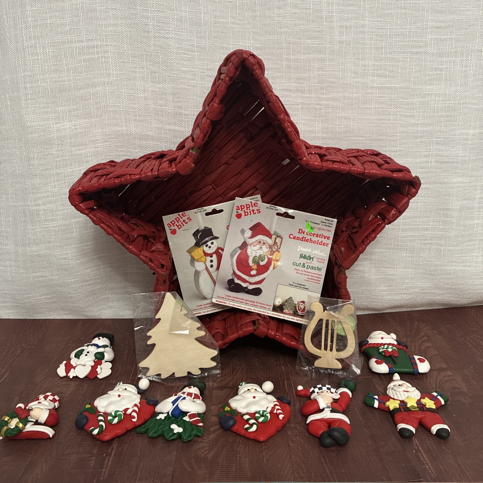 VTG Christmas Lot Of 13. Basket, Candleholders, Magnets & Wood Cutout New & Used