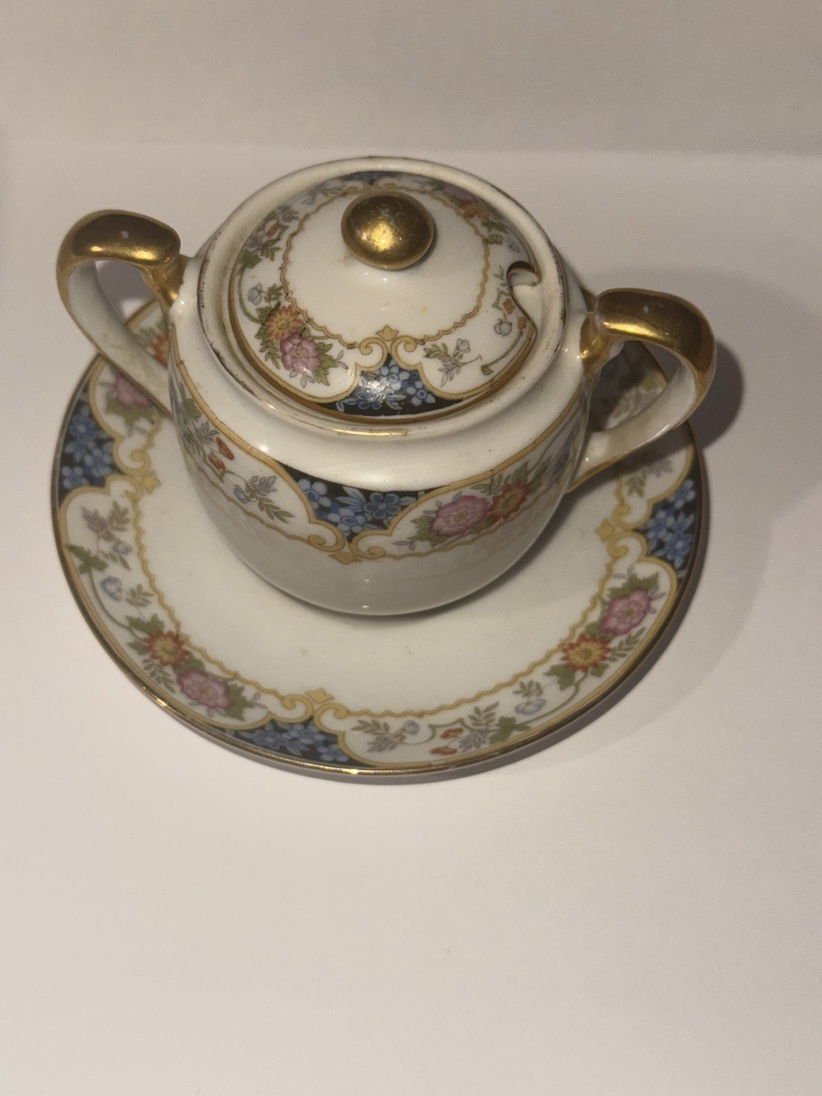 Vintage Nortaki, Nippon Mustard Jar with Lid and Saucer The Magenta Pattern