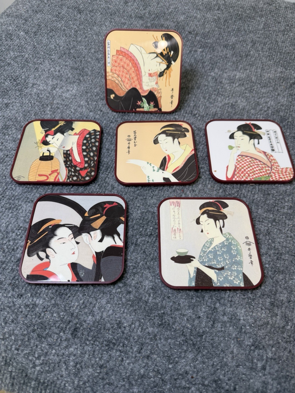 Vintage Japan Utamaro Ukiyo-e Ornamental Coasters Set of 6 Original Box