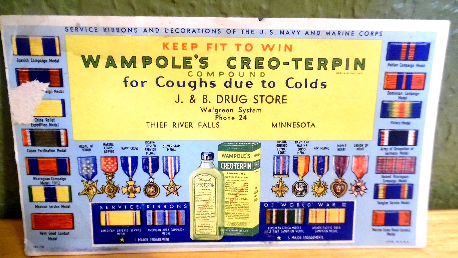 1930'S ADV BLOTTER WAMPOLES CREO-TERPIN J & B DRUGS  THIEF RIVER FALLS MINNESOTA