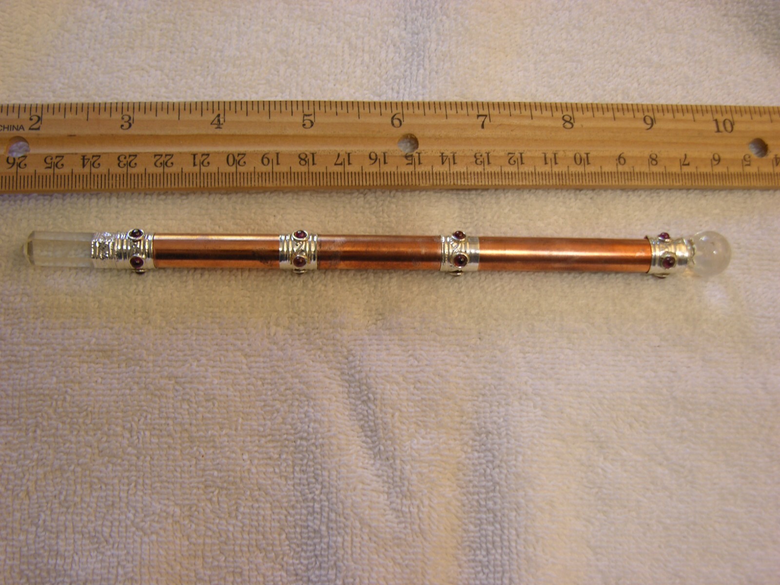 Copper wand healing stick crystal sphere point garnet w/ sterling silver 7.5 