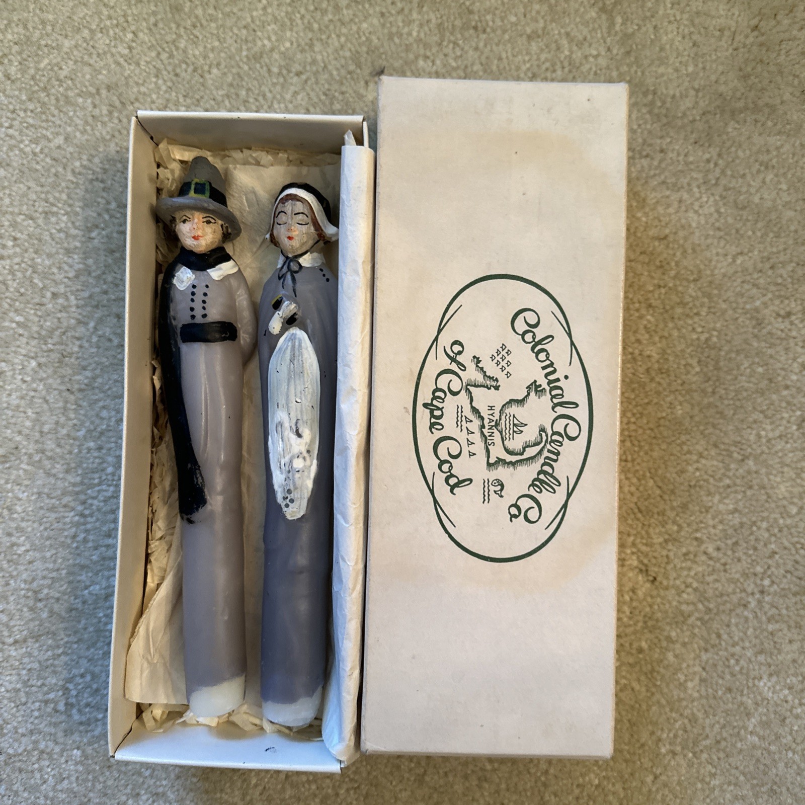 Vtg 8” Colonial Candles of Cape Cod Pilgrim Couple Orig. Box Never Burned