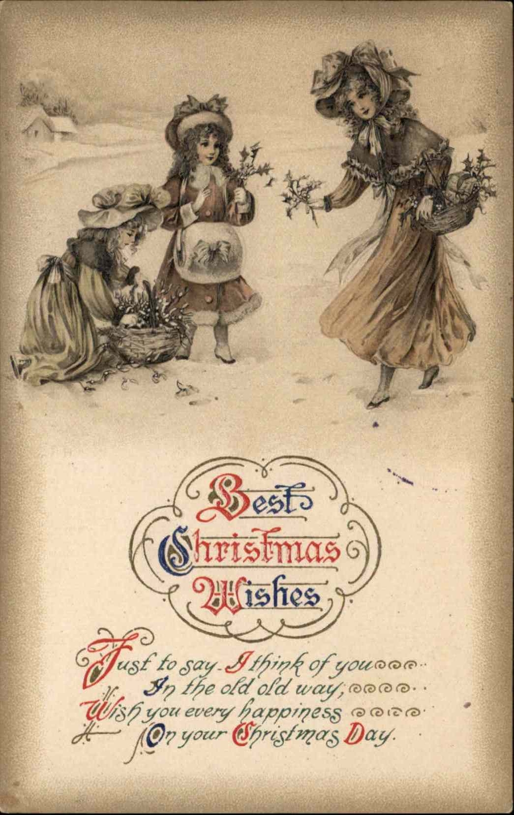 Christmas Girls Gather Holly Winsch Schmucker c1910 SCARCE Antique Postcard