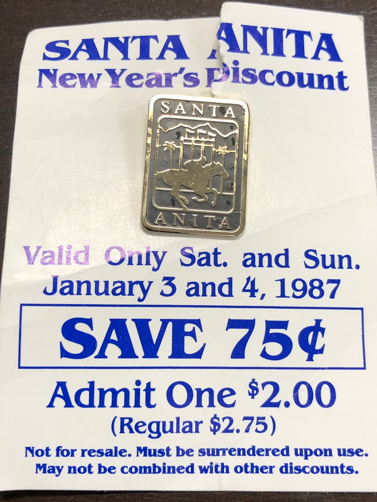 One 1987 Santa Anita Lapel Pin in Brand New Condition