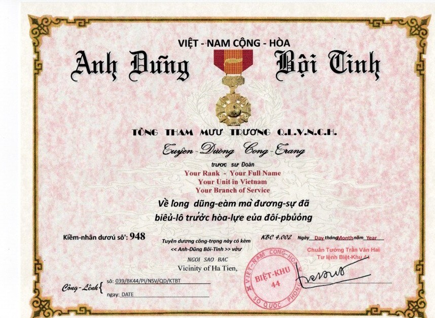 Republic of Viet Nam (Vietnam) Cross of Gallantry (Gallantry Cross) Certificate