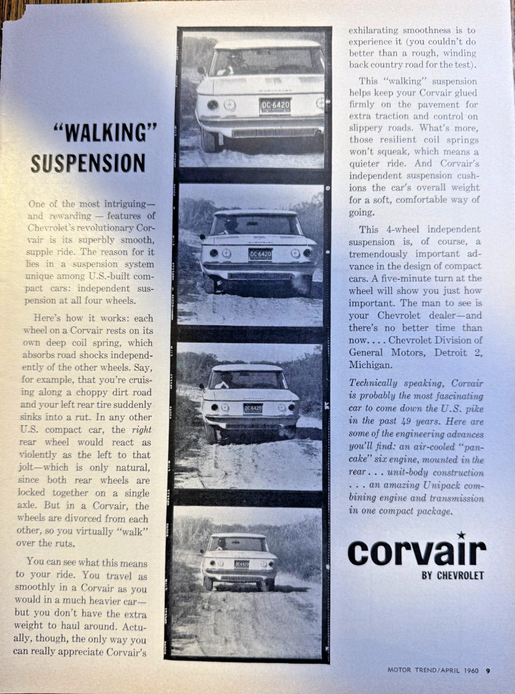 Vintage Magazine Advertisement 1960 Chevrolet Corvair With Walking Suspension