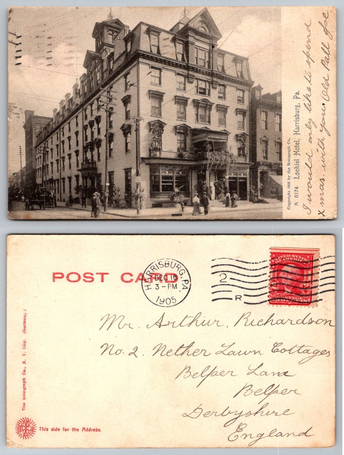 1905 Lochiel Hotel Harrisburg PA Postcard Rotograph Co. Postmarked England