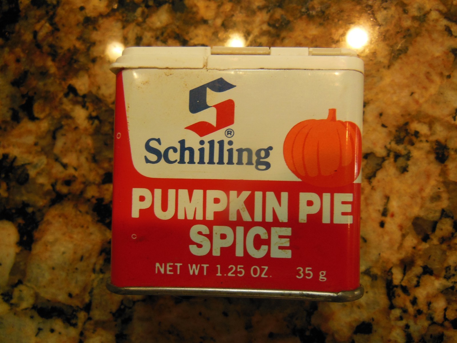 Vintage 1977 Schilling Pumpkin Pie Spice Tin 1.25 OZ ,empty tin