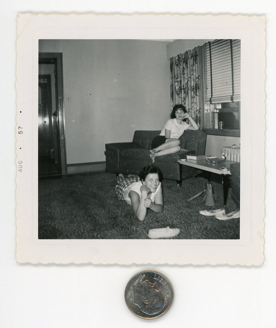 Vintage 1957 photo / Barefoot Girlfriends on Carpet & Couch Watching Television