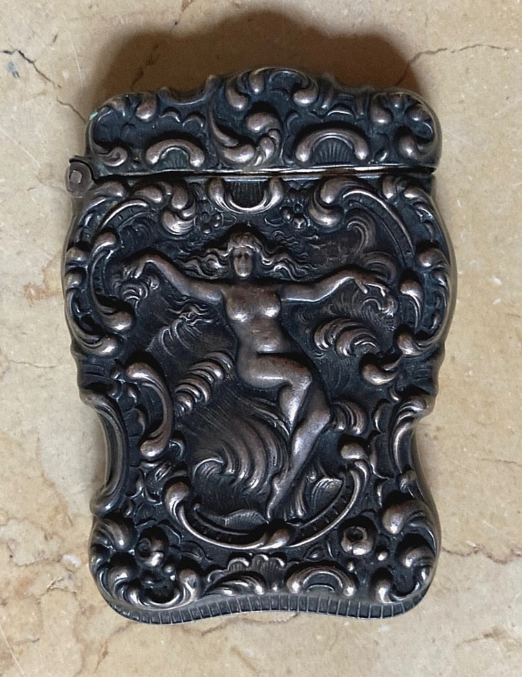 RARE Antique Unger Bros. Sterling Silver Vesta Match Safe Art Nouveau Wave Nymph