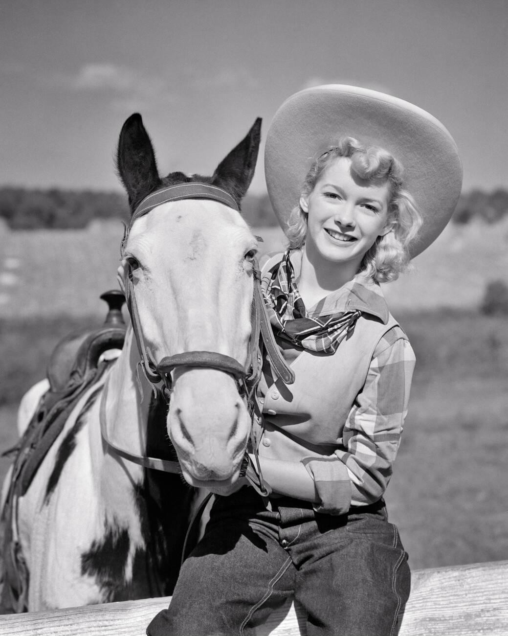 Vintage Blonde Cowgirl Horse 1940s BLK and White Matte Photo Reprint 8\