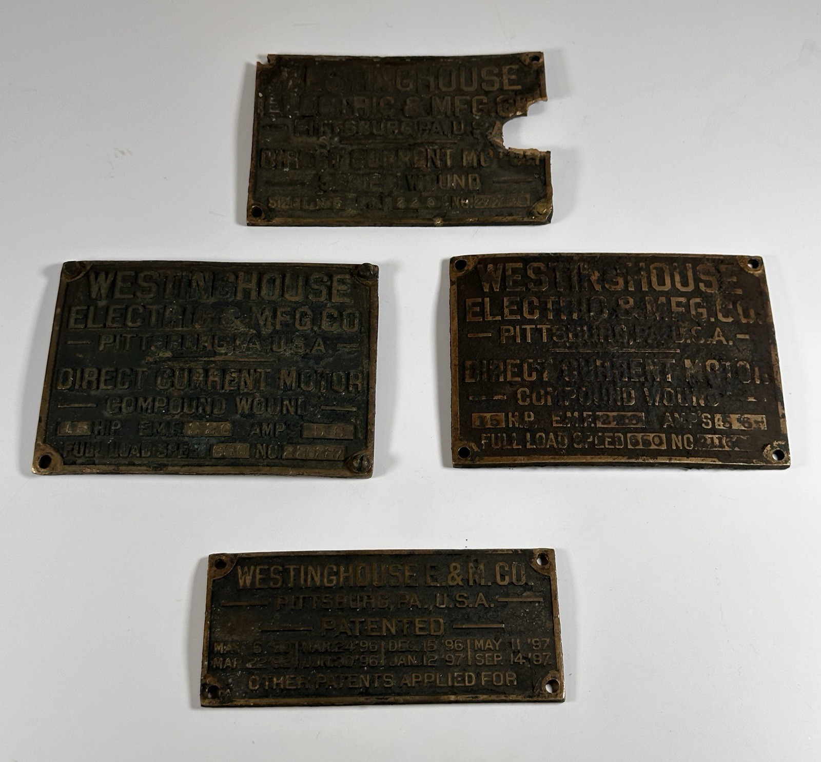 SET OF 4 Westinghouse Machine Co. Direct Current Motor Tag Plate Pittsburg PA