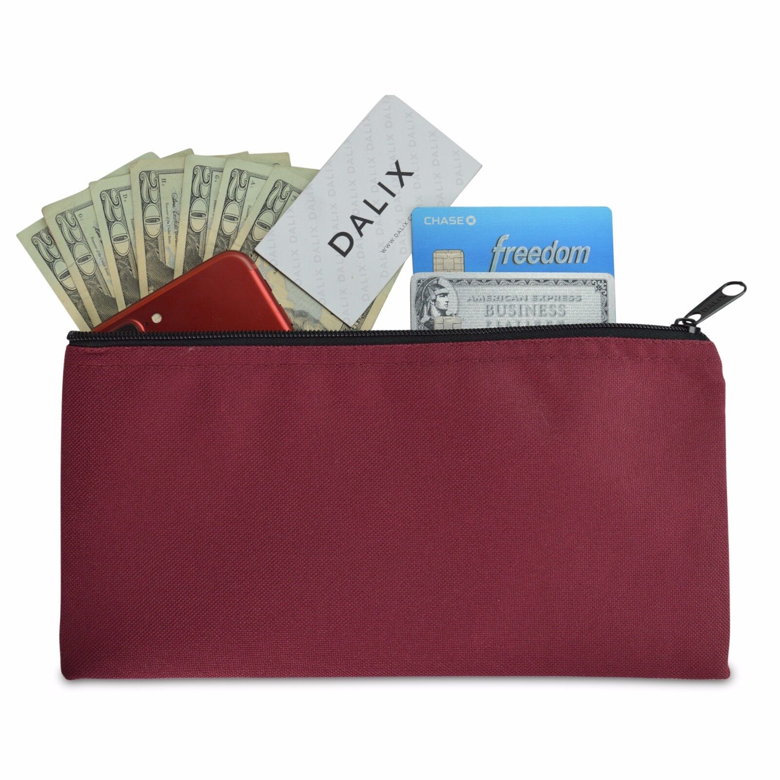 Deposit Bag Bank Pouch Zippered Safe Money Bag Organizer in Maroon Red