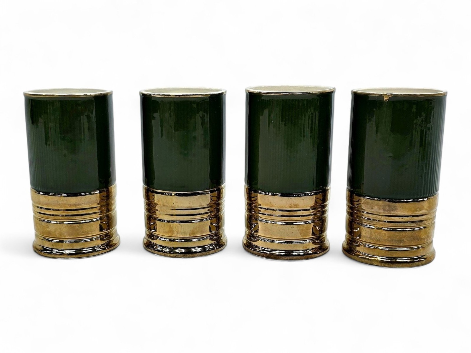 Lot 4 Vtg 1979 Trader Vic's Green Gold Ceramic Big Shot Glasses Shotgun Mugs 5