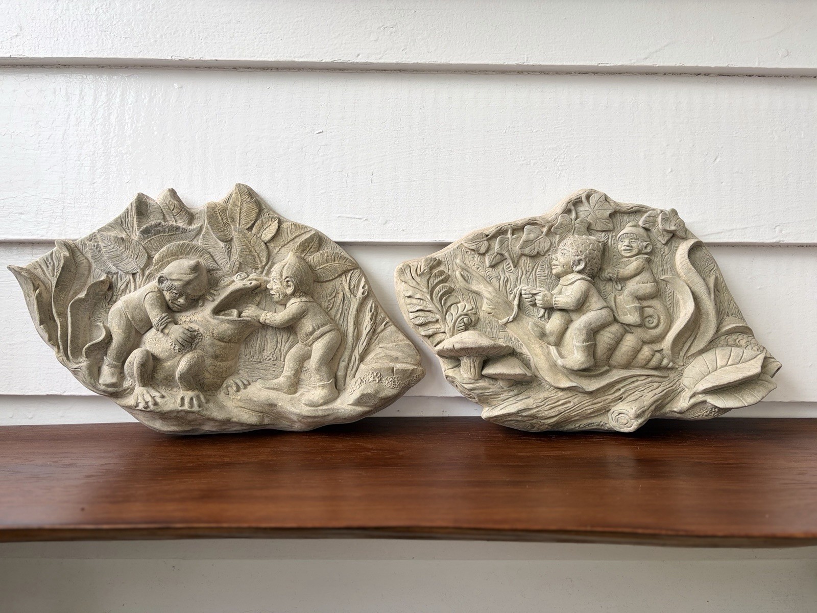 Vintage Cast Stone Folk Art Fantasy Bas Relief Wall Plaques Pair Signed