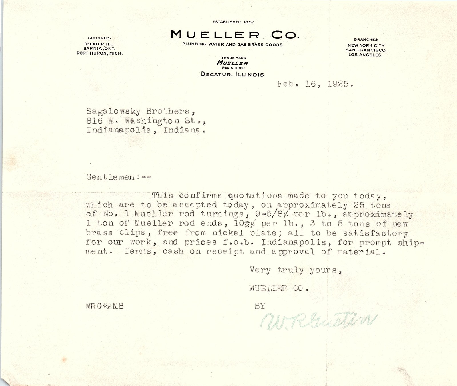 1925 Mueller Co. Plumbing Water Gas Brass Goods Letter