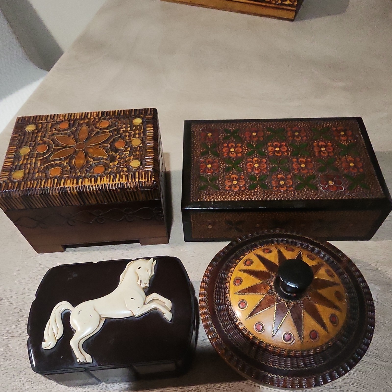 Vintage Trinket Box Lot of 3  Polish Carved Wood Folk Art Pyrography And3D Horse