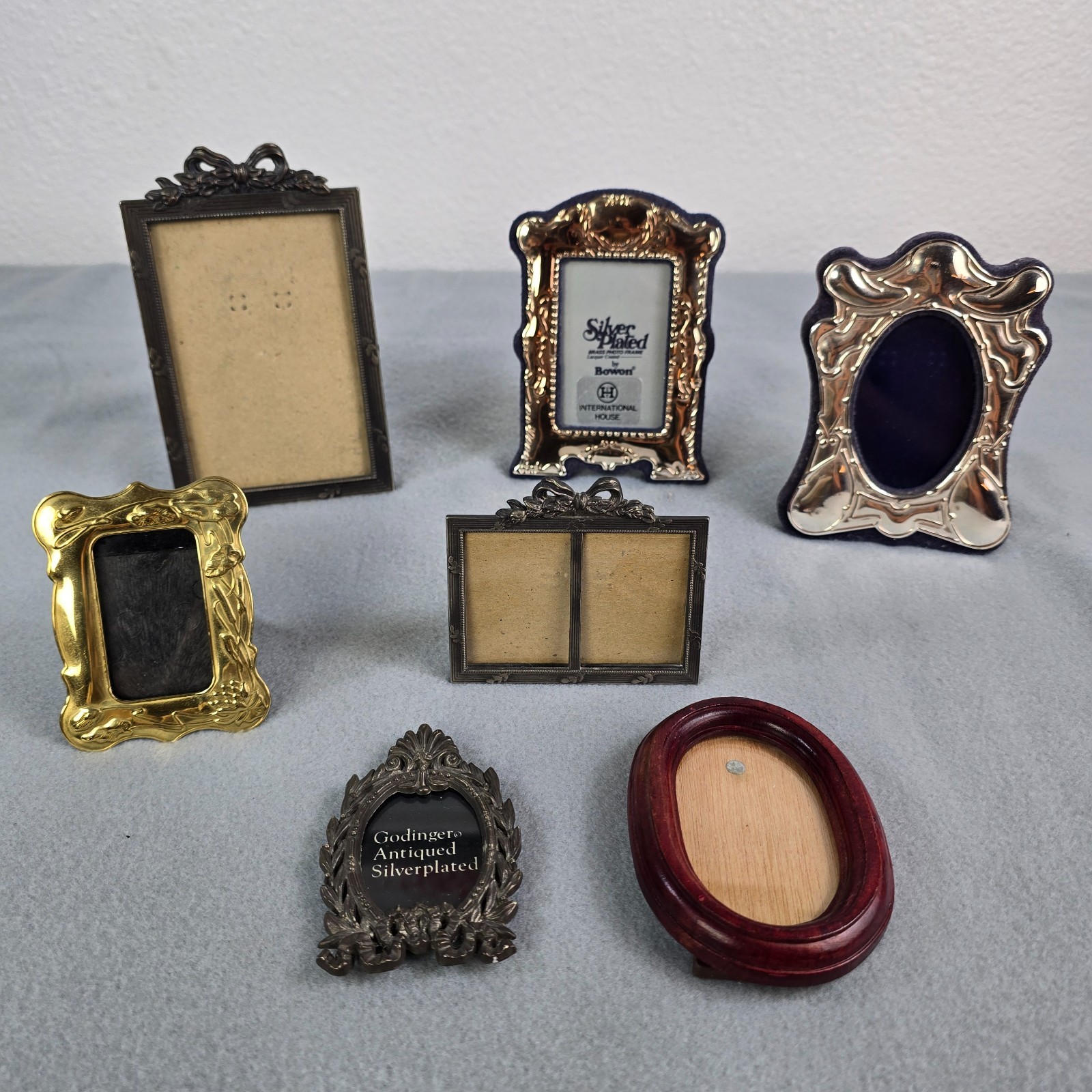 Lot of 7 VTG Art Deco Mini Frames Silver Plated Brass Wood Ornate 20th Century