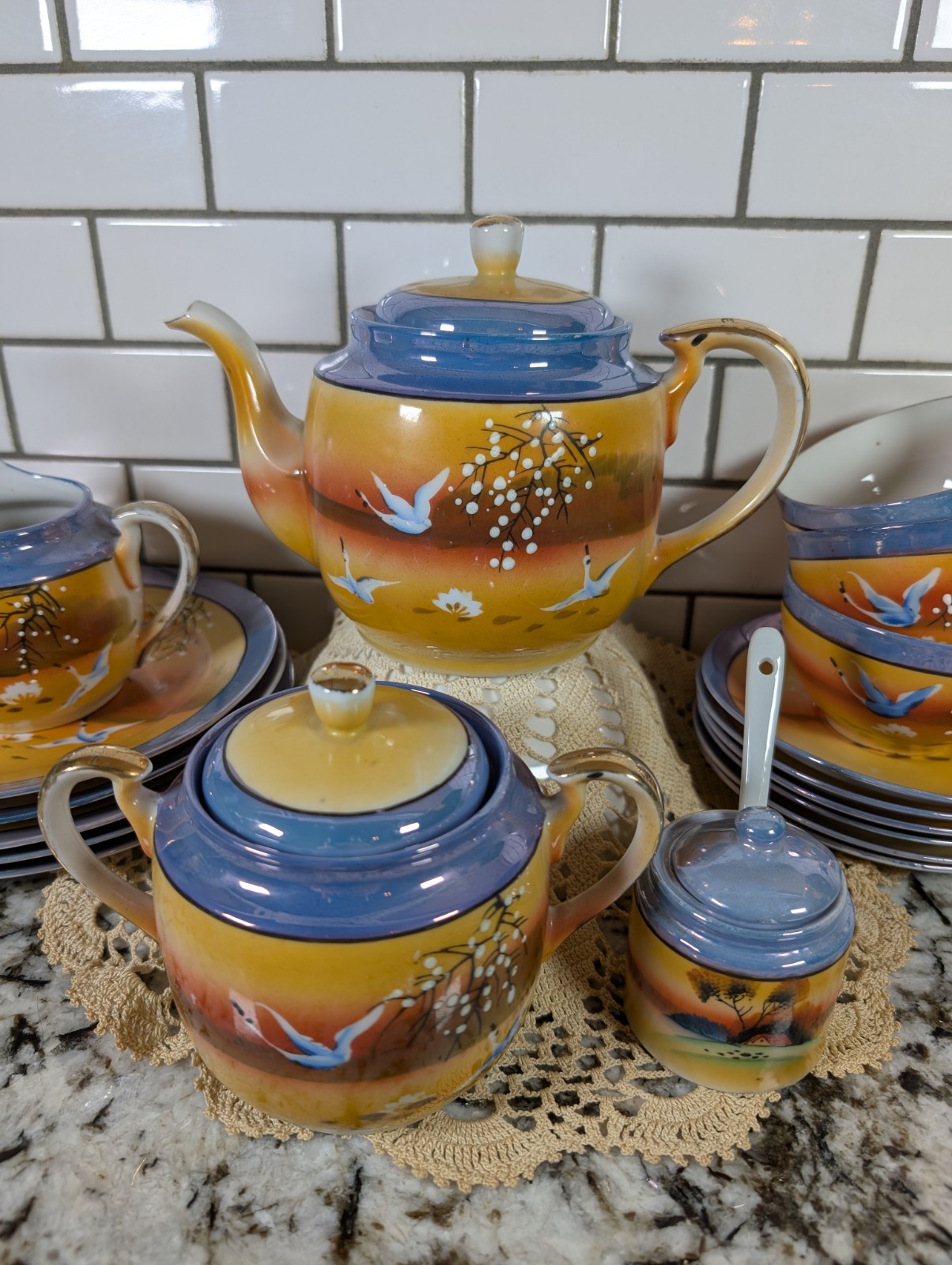 Vintage 22pc Japan Lusterware Tea Set Flying Cranes Teapot Cups Hand Painted
