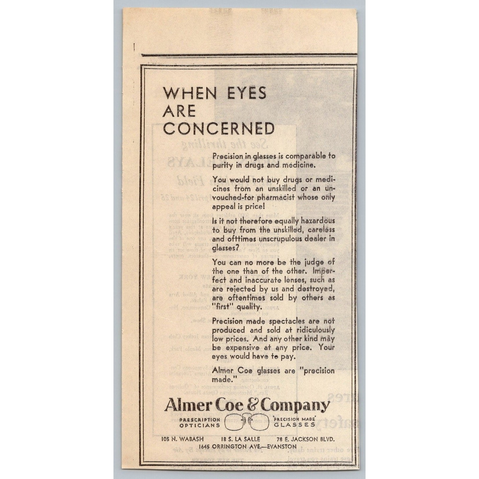 Vintage Almer Coe & Company Opticians Print Ad Chicago 1920s 1930s Eyeglasses
