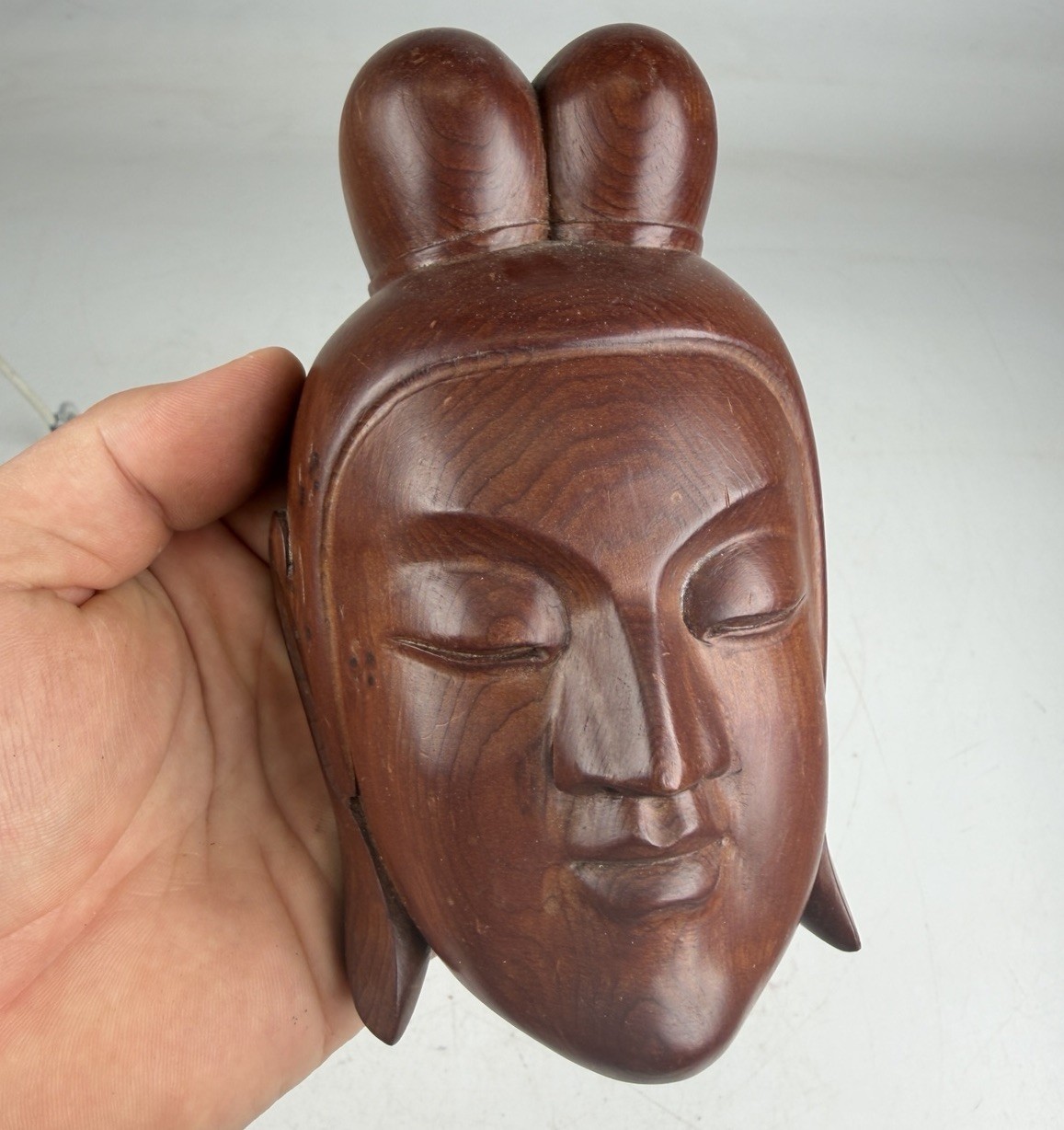 Vintage Carved Wood Guanyin Buddha Face Plaque Mask Deities Fruitwood Art 3.5x6\